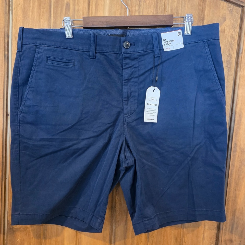 Express Chino Shorts Mens 38 Navy Blue Flat Front Slim Fit‎ 9" Hyper Stretch NWT